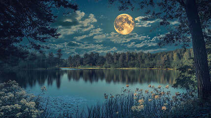 A full moon illuminates a serene lake in the forest at night, casting its warm glow on the water.