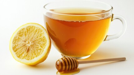 A glass cup of lemon honey tea with a lemon slice and honey dipper beside it, all placed on a clean white background. Warm and inviting.