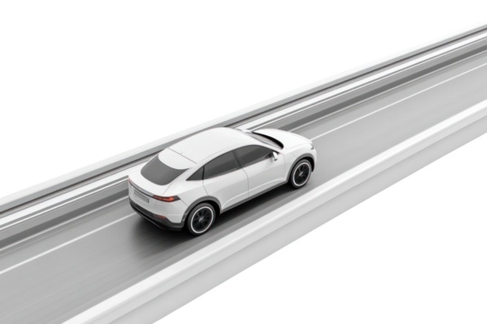 Car speeding on highway isolated on transparent and white background.PNG image	