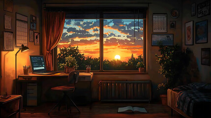 Fototapeta premium A cozy room with a desk, a bed, a window overlooking a beautiful sunset, and plants on the windowsill.
