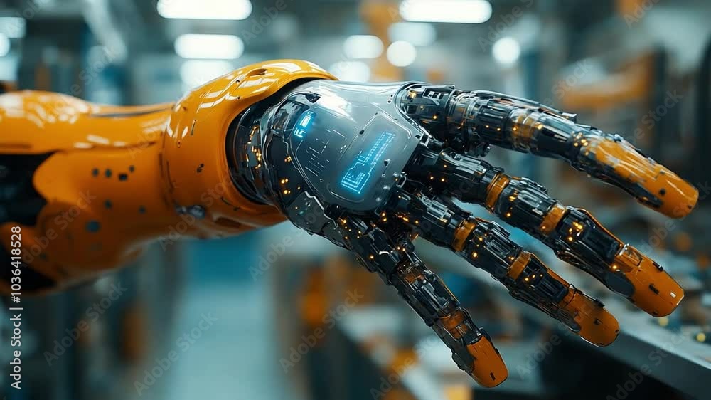 Poster This robotic hand extends to showcase intricate mechanics and sensors in a tech-driven environment. Prosthesis