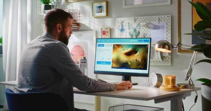 Adult man types prompt in AI image generator on PC. Artificial intelligence software generates detailed photo of steampunk airship. From text prompt to realistic generated image. Automated artwork.