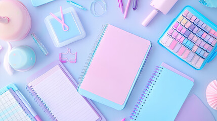 A set of pastel-colored notebooks, planners, and stationery spread out on a desk, evoking a sense of calm and organization --chaos