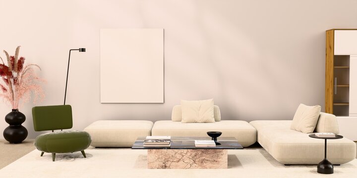 Fototapeta Mockup poster in the living room, the yellow sofa in bohemian style, 3d render, 3d illustration