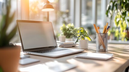 Fototapeta premium Cozy and organized workspace with a laptop stationery and a small potted plant on a wooden desk highlighting a minimalist and productive home office setup