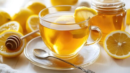 A steaming cup of lemon honey tea with a spoon resting beside it, a jar of honey, and fresh lemon slices scattered on a white background. Simple and comforting.