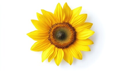 Fototapeta premium A top-down view of a sunflower in full bloom, its vivid yellow petals spreading outward from the detailed seed center, set against a white background.