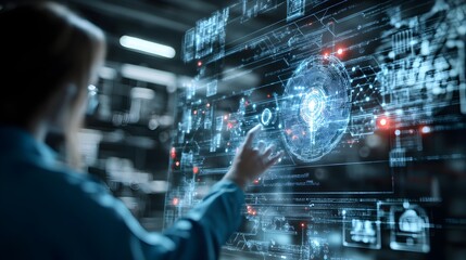 Obraz premium Futuristic digital interface with holographic display and data visualization Advanced technological system for analyzing and processing complex intelligence and future research concepts