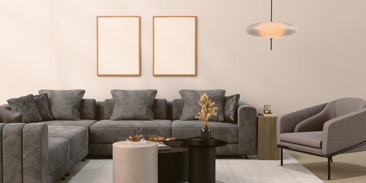 Fototapeta Mockup poster in the living room, the yellow sofa in bohemian style, 3d render, 3d illustration
