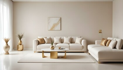 Poster frame mock up in modern home living room interior with white sofa and coffee table with decor, 3d render