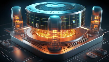 Futuristic Core Processor: A mesmerizing 3D rendering of a next-gen processor, glowing with vibrant energy, features retro vacuum tubes for a striking blend of vintage and futuristic aesthetics.