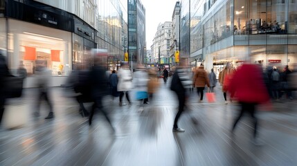 Blurred motion of a crowd of anonymous pedestrians rushing through a bustling city street with towering modern glass and steel office buildings and storefronts in the background