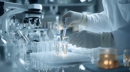 Close up View of a Medical Research Laboratory with Various Scientific Equipment and Instruments Including Microscope Beakers Flasks and Pipettes for Conducting Experiments and Chemical Analysis