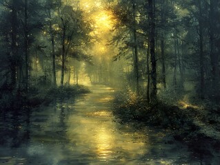 Obraz premium Enchanted Forest River: A Dreamy Landscape Painting