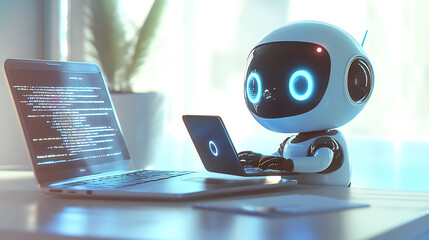A small white robot is working on a laptop computer, with a larger laptop displaying code in the background.