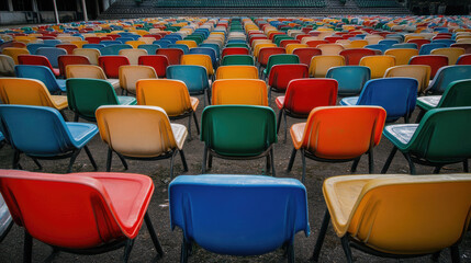 Fototapeta premium A stadium filled with rows of empty plastic seats, the colorful chairs contrasting against the empty field below. The absence of people creates a calm, serene atmosphere.