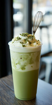 Matcha latte gelado com um batedor