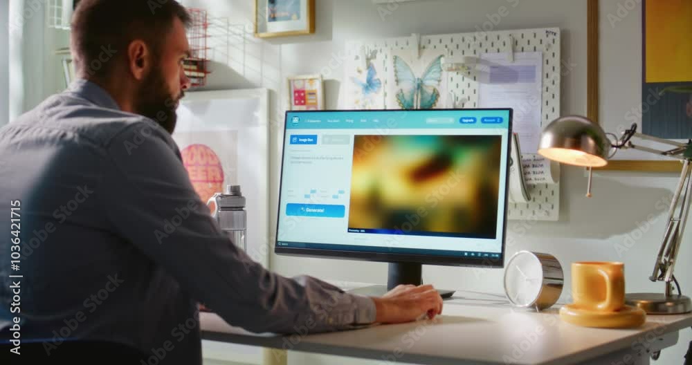 Poster adult man types text prompt in artificial intelligence app on computer. ai image generator creates d