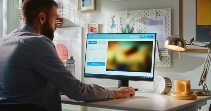 Adult man types text prompt in artificial intelligence app on computer. AI image generator creates detailed photo of steampunk airship. Advanced AI generated image creation. Futuristic generative art.