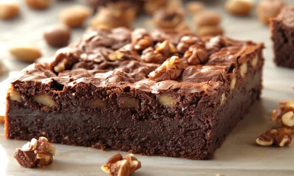 A rich chocolate brownie topped with walnuts, showcasing indulgence.