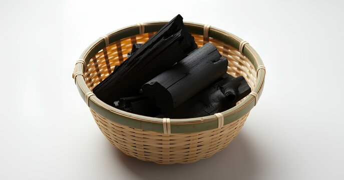 炭、竹炭、かご、白背景｜Piles of charcoal fragments.