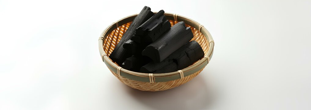 炭、竹炭、かご、白背景｜Piles of charcoal fragments.