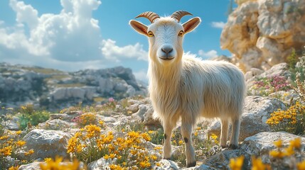 Obraz premium A charming goat surrounded by vibrant wildflowers in a beautiful natural landscape under a bright sky