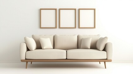 Modern beige sofa with pillows in a minimalist interior, featuring three empty wooden picture frames on a white wall.