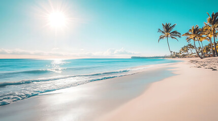 A tranquil beach scene with white sand, turquoise water, and swaying palm trees under a bright sun.