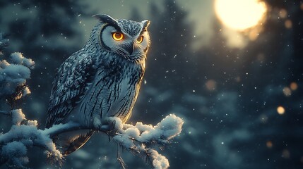 Majestic owl perched in a snowy forest under a glowing moonlight capturing nature's enchantment and mystique