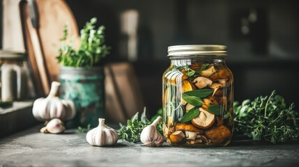 A traditional jar of pickled honey mushrooms placed next to fresh herbs and garlic bulbs on a kitchen table. --chaos