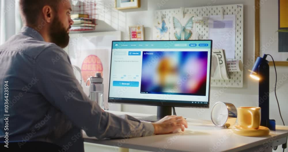 Poster adult man types prompt in ai video generator on computer. artificial intelligence generates detailed