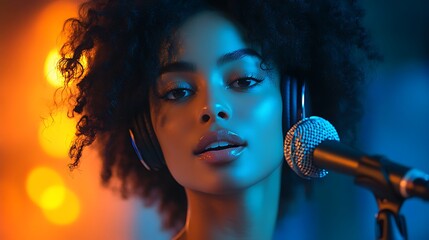 Captivating vocalist with stunning curly hair and microphone in a vibrant musical setting