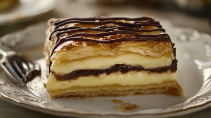 Puff pastry with chocolate glaze on a plate. Selective focus.
