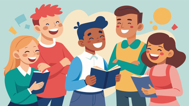 Laughter and encouragement can be heard as students boost each others confidence in their language abilities.. Vector illustration