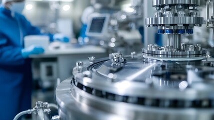 Close-up of a stainless steel industrial machine in a laboratory setting