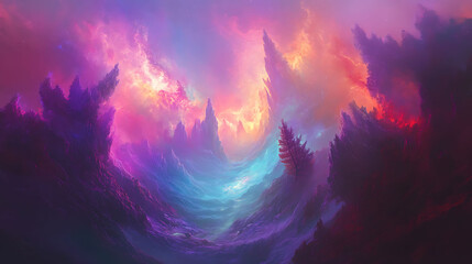 Fototapeta premium Abstract landscape with colorful mountains, clouds, and a swirling sky.