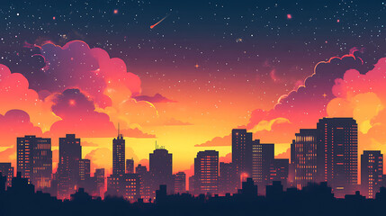 Fototapeta premium A vibrant sunset casts a warm glow over a city skyline, with fluffy clouds and a starry sky.