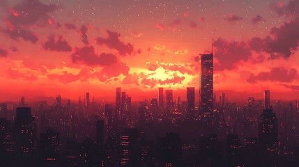 Fototapeta premium A vibrant sunset casts a warm glow over a modern cityscape with tall skyscrapers reaching towards the sky.