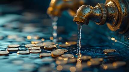 A faucet with water dripping into a basin full of coins.