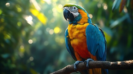 Vibrant blue and yellow macaw sitting gracefully on a branch surrounded by lush greenery in a tropical paradise