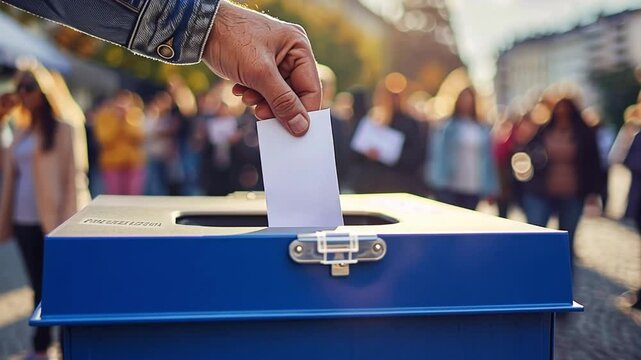 A voter inserts a ballot into a blue ballot box while a crowd of citizens gathers and engages in discussions about the election nearby.