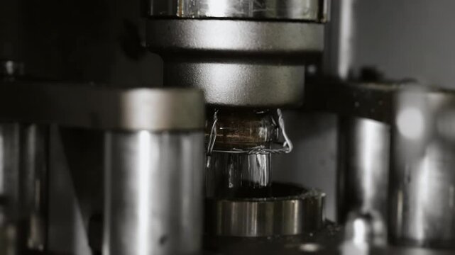 Close-up of the cork insertion process on champagne bottles. Technological line for bottling drinks at the plant. Champagne and wine bottling line at the plant. Production of sparkling drinks.