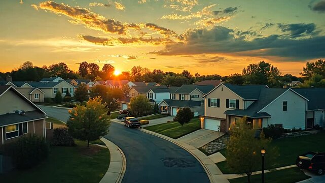 Suburban neighborhood street at sunset with vibrant sky