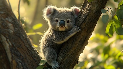 Fototapeta premium Adorable koala cub playfully climbing a tree branch surrounded by lush greenery in its natural habitat