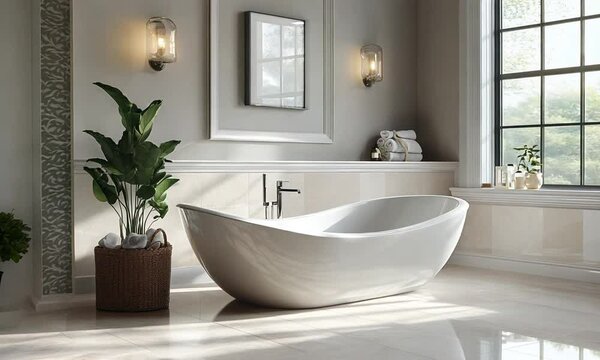 A serene bathroom featuring a freestanding tub and natural light.