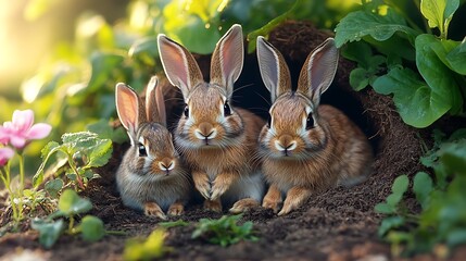 Obraz premium Adorable group of rabbits nestled together in a lush green garden showcasing nature's serenity and charm