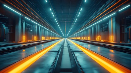 Fototapeta premium Futuristic Illuminated Architectural Corridor with Converging Geometric Paths and Luminous Energy