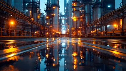 Naklejka premium Illuminated Industrial Refinery Complex at Night with Reflections in Water