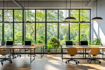 Modern Office Interior Featuring Rows of Work Tables, Large Panoramic Windows, and Mockup Frame for Workspace Inspiration